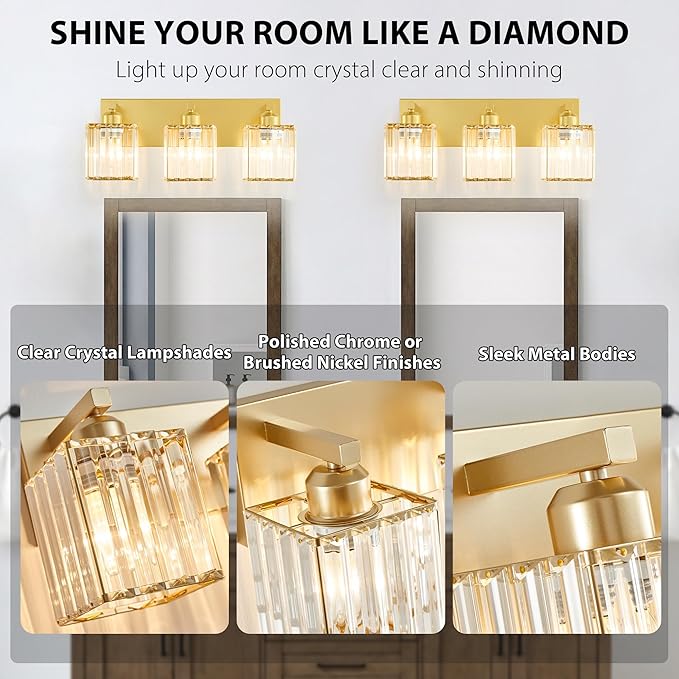 Bathroom Vanity Light Fixtures Over Mirror - Makeup Lighting Pure Gold - for Modern Wall, Bath, Desk, Farmhouse, Hallway 3 Crystal Lights