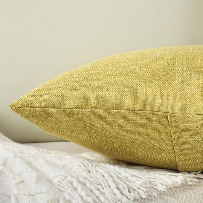 HAUSSY Mustard Yellow Linen Decorative Throw Pillow Covers 20x20 Inch Set of 2,Square Cushion Case with 3 Vintage Buttons,Modern Farmhouse Home Decor for Couch,Bed