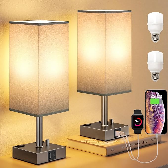 Grey Fully Dimmable Nightstand Lamps Set of 2 - Table Bedside Lamp with USB C+A Charging Ports & 2 AC Outlets, Square Lamp Sets Linen Fabric Shade for Bedroom Living Room(Bulb Included)