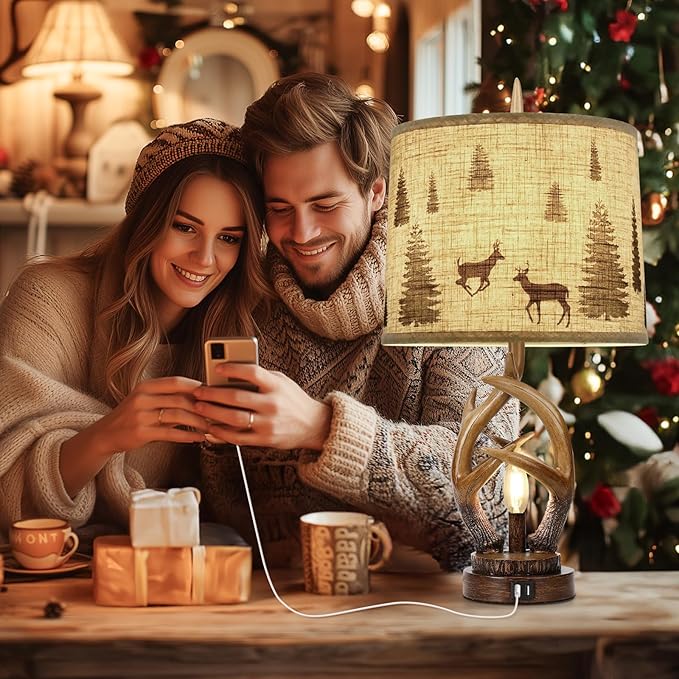 Scenekoy Rustic Farmhouse Antlers Table Lamp Set of 2 with Nightlight Dual USB Ports Linen Fabric Round Shade Bedside Lamp Decor for Living Room Bedroom Office House