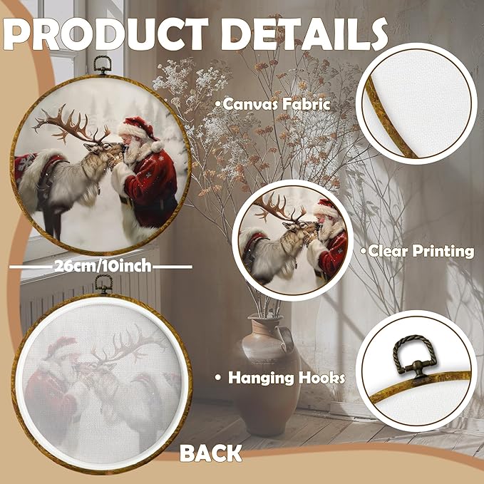 CUANFDDSF Christmas Santa Reindeer Round Wall Art Decor, Rustic Winter Reindeer Santa Claus Holiday Wall Hanging Frame Decor, Winter Christmas Canvas Prints Decorations for Home Bedroom, 10x10 Inch