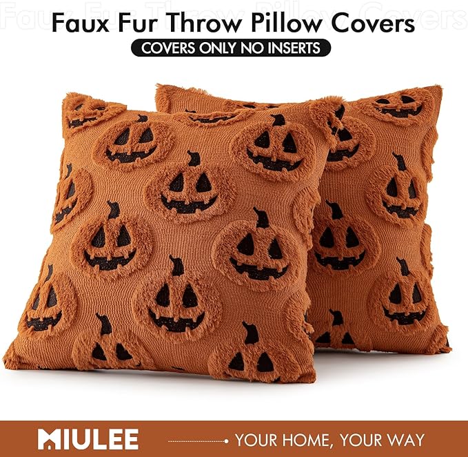 MIULEE Fall Halloween Throw Pillow Covers 18x18 Decorative Pumpkin Pattern Pillowcases Soft Plush Faux Wool Cushions for Home Patio Sofa Couch,Rust