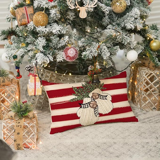 AVOIN colorlife Christmas Snowman Reindeer Gloves Eucalyptus Red Throw Pillow Covers, 12 x 20 Inch Winter Holiday Stripes Cushion Case Decoration for Sofa Couch Set of 4