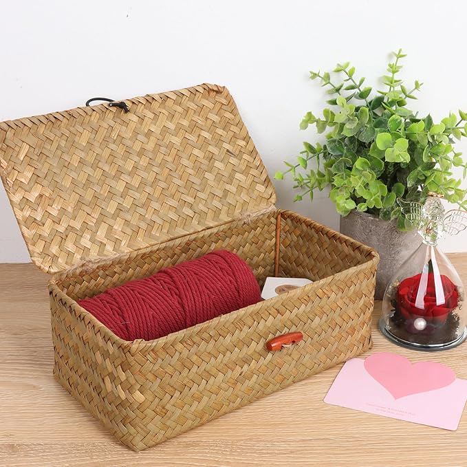 Wicker Shelf Baskets with Lid,Handwoven Seagrass Basket for Storage Basket Bins Rectangular Home Organizer Gift Boxes (Natural Set of 2)