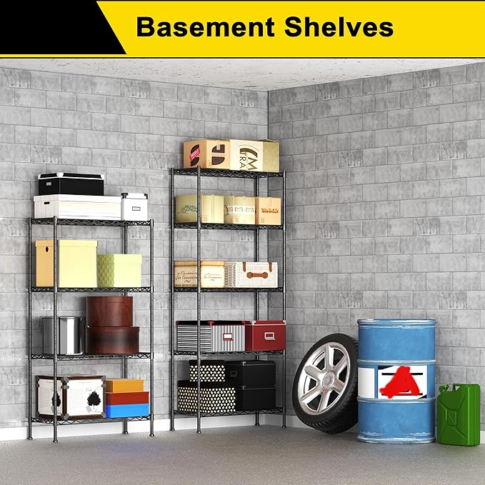 GIOTORENT 5-Wire Garage Shelving Storage Shelves, Metal Shelf Organizer 1750Lbs Capacity, Kitchen Storage Adjustable Shelf for Laundry Bathroom Pantry Closet, Black 36.2''L x 14''W x 72.3''H