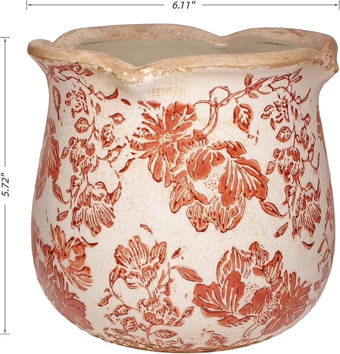 Ceramic Pots for Plants, Vintage Plant Pot with Drainage Hole, 6.11in. Planter for Indoor Plants, Crackle Glaze Finish Flower Pot, Perfect Tuscan Ceramic Planter for Gardening, Red Flower