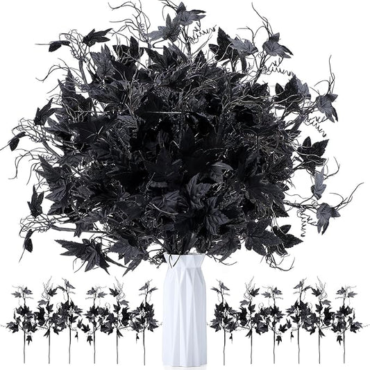 12 Pcs 19.7 Inch Artificial Halloween Flowers Decorations Black Floral Stem Leaves Picks Branches Black Gothic Halloween Table Decorations for Home Indoor Party Vase Arrangement Decor