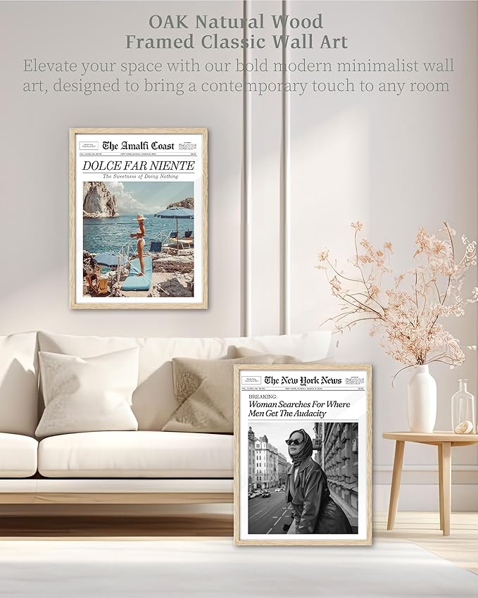 iHery Natural OAK Wood Newspaper Trendy Framed Wall Art, 12x16 in Dolce Far Niente Vintage Headline Canvas Print, La Dolce Vita Italian Summer Wall Art Beige Frame Logs, Home Décor Living Set of 1