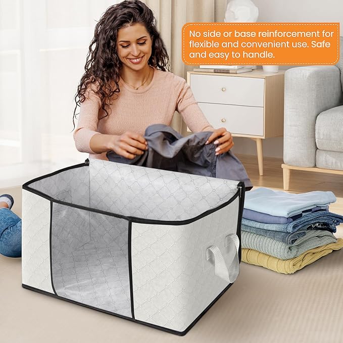 Fab totes 4 Pack Clothes Storage, Foldable Thick Fabric Blanket Storage Bags, Containers for Organizing Bedroom, Closet, Clothing, Comforter,Organization with Handle,Ivory White