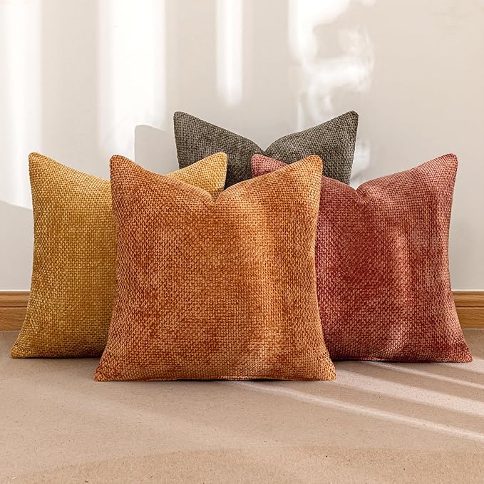 MIULEE Pack of 4 Fall Orange/Yellow Couch Throw Pillow Covers 18x18 Inch Yellow Green Soft Decorative Chenille Pillows Farmhouse Accent Cushions for Boho Home Decor Spring Sofa Bedroom Living Room