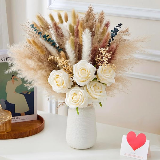 100pcs Artificial Flowers Arrangement With Ceramic Vase Included, Fake Flowers in Vase, Table Centerpiece Decorations, Boho Natural Dried Pampas Grass, Dining Table, Coffee Table, Living Room Decor