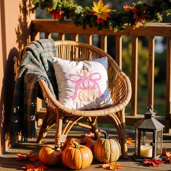 Coquette Pink Bow Watercolour Pumpkin Fall Pillow Covers 18x18, Preppy Pink Autumn Pillowcases for Couch Sofa, Cute Girly Pumpkin Decorative Pillow Covers for Bedroom Living Room Dorm