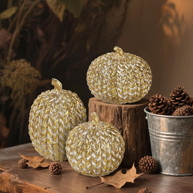 winemana Fall Decorations for Home Set of 3, Gold & White Resin Pumpkin Decor with Woven Design - Thanksgiving Table Centerpiece, Mantel, Indoor & Outdoor Farmhouse Autumn Décor