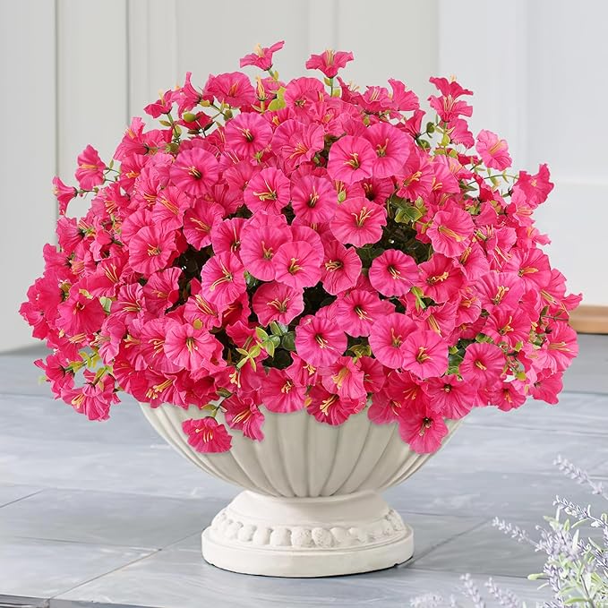 12PCS Artificial Flowers for Outdoor Decorations, Realistic Faux Silk Petunia Flowers for Outside, Fake Plants Morning Glory with Eucalyptus Porch Patio Planters Window Boxes Decor(Rosy red)
