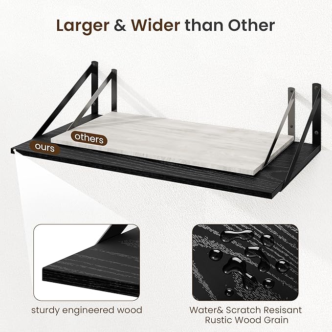 Fun Memories Floating Shelves for Wall, 12 Inch Deep Floating Shelves Set of 2, 24W x 12D Large Wall Shelf with Sturdy Metal Brackets for Living Room, Bathroom, Bedroom and Kitchen, Black
