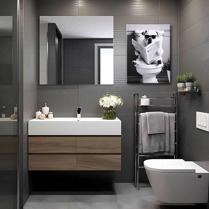 Funny Bathroom Picture Wall Decor - Dog Reading Newspaper on Toilet Canvas Wall Art, Framed Black and White Toilet Bathroom Poster Prints, Cute Animal Art Home Decor 16x24 inch