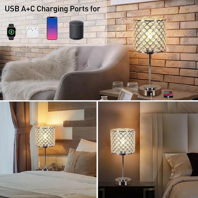 Crystal Table Bedside Lamp Touch Control, 3-Way Dimmable Small Nightstand Lamp Set of 2 with USB-C+A Charging Ports, Decorative Silver Tabletop Lamp for Bedroom Living Room Guest Room, Bulbs Included