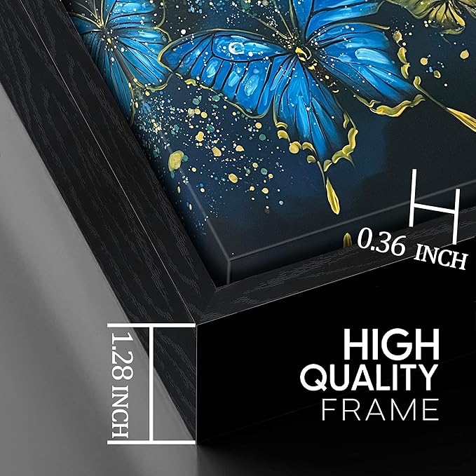 Bedroom Butterfly Pictures Wall Decor for Women - Gold and Blue Wall Art for Living Room - Framed Hand Painted Oil Paintings on Canvas Wall Art Size 29" x 59"