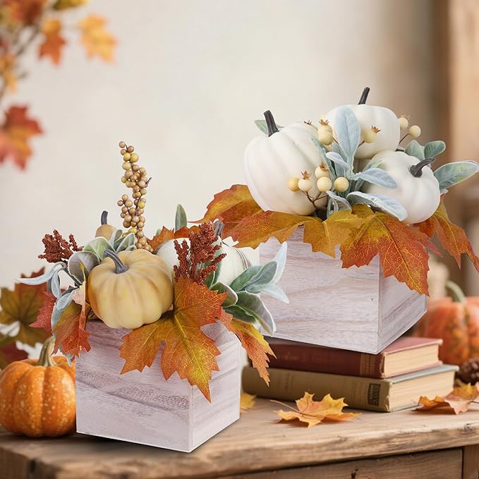 winemana 2 Pack Fall Decorations for Home - Artificial Pumpkin, Gourd, Berries & Leaves in Wood Vase | Autumn Table Centerpiece for Dining, Mantel, Indoors