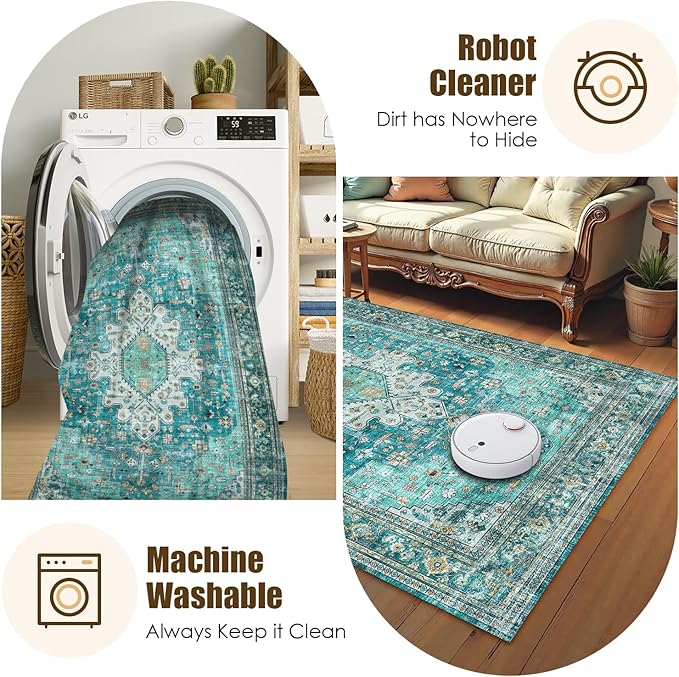 Washable Area Rug 3' x 5 ' Vintage Traditional Persian Mat - Foldable Distressed Non-Slip Machine Washable Carpet for Living Room Bedroom Kitchen Home Decor - Teal and Gold