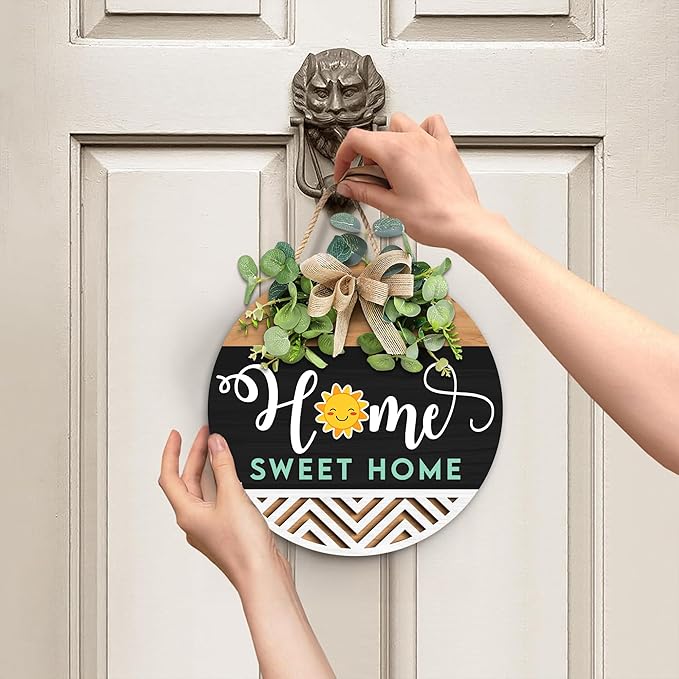 GOSSBY Interchangeable Welcome Sign for Front Door - HOME SWEET HOME - Seasonal Rustic Wood Wreath - Hanging Wall Sign Decoration for Outside, Porch, Farmhouse - New Home, Housewarming Gift