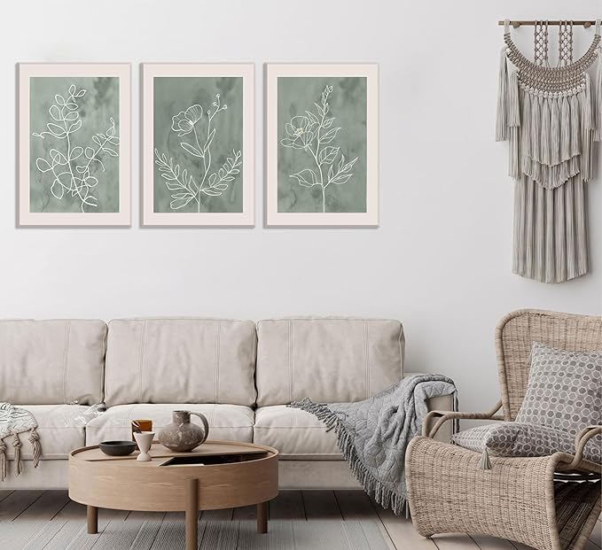 3Pcs Sage Green Botanical Wall Art Line Drawing Floral Canvas Poster Prints Modern Abstract Minimalist Picture Neutral Boho Artwork Simple Painting Wall Decor for Living Room Bedroom 12x16in Framed