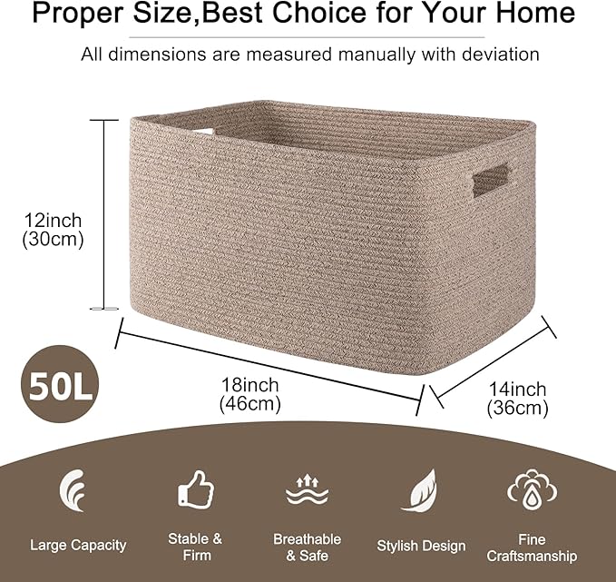 OIAHOMY Cotton Rope Basket, Rectangle Woven Nursery Blanket Basket, Toy Storage Basket with Handle, Baskets for Organizing, 18”x14”x12”, Brown variegated