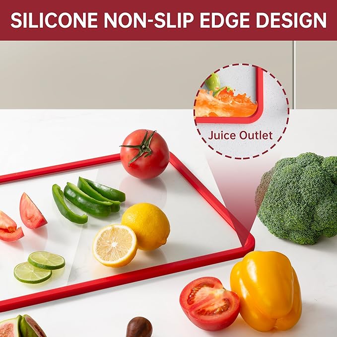 Tempered Glass Cutting Board for Kitchen Counter, Chopping Board with Non-Slip Edges, non toxic cutting board Set dishwasher safe, Heat & Shatter Resistant (Red 15"×11")