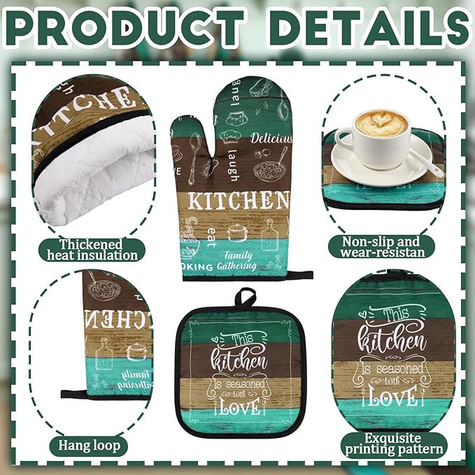 10 Pcs Farmhouse Kitchen Decor Sets, 4 Green Kitchen Dish Towels 2 Teal Pot Holders 2 Oven Mitts Glove Brown Rustic Non Slip Rugs and Mats for Floor Home Decorations Accessories Christmas Mom Gifts