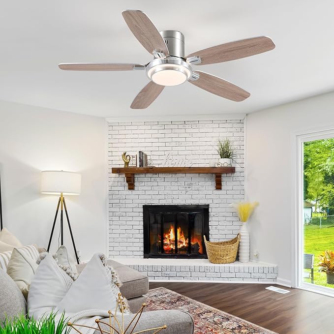 Low Profile Ceiling Fan with Lights and Remote/APP, 50 Inch Modern Flush Mount Ceiling Fan with 3CCT 6-Speeds Quiet DC Motor,Dimmable 3-Color Temperatures for Living Room Bedroom(Nickel)