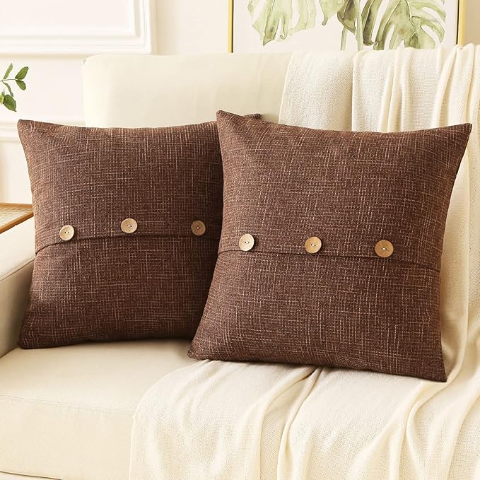 HAUSSY Brown Linen Decorative Throw Pillow Covers 24x24 Inch Set of 2, Square Euro Cushion Case with 3 Vintage Buttons,Modern Farmhouse Home Decor for Couch,Bed