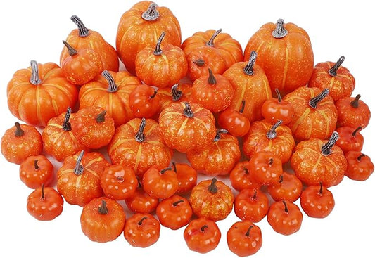 winemana 46 Pcs Assorted Size Artificial Pumpkins Fall Decorations, Orange Foam Pumpkin Autumn Decor, Decorative Faux Pumpkin for Harvest Thanksgiving Table Centerpiece Mantle Bowl Wedding Party