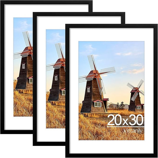 Vittanly 20x30 Picture Frame with Plexiglass - Large Black Poster Frame for Wall Display - Includes 16x24 Mat, Made of Durable PVC Design - 3 Pack