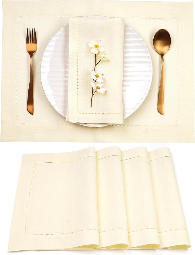 D'Moksha Homes Cream Linen Cloth Placemats Set of 4-100% Pure Linen Hemstitch Placemats 14 x 19 Inch - Classic Hemstitch Table Place Mats for Fall, Halloween - Handcrafted and Machine Washable