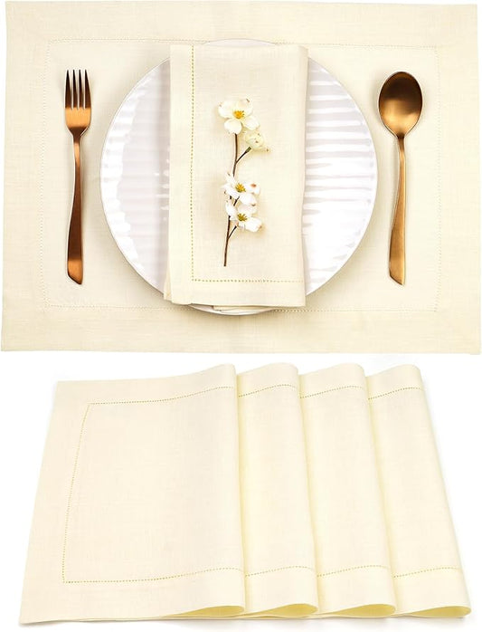 D'Moksha Homes Cream Linen Cloth Placemats Set of 4-100% Pure Linen Hemstitch Placemats 14 x 19 Inch - Classic Hemstitch Table Place Mats for Fall, Halloween - Handcrafted and Machine Washable