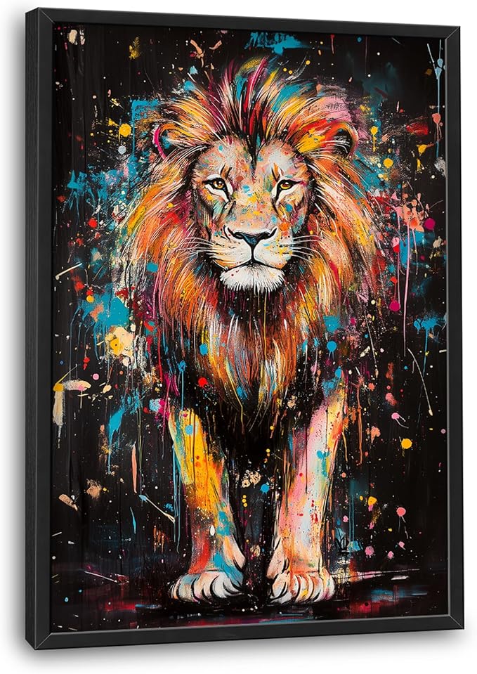 Lovira Graffiti Colorful Lion Large Wall Art Animal Canvas Wall Decor Pictures Prints Painting Framed Vertical Artwork for Living Room Bedroom Bathroom Men 24"x36"