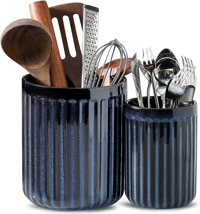 Hasense Cooking Utensil Holder, 7.3" + 5.7" - Large Utensil Crock for Farmhouse Kitchen Decor, Spatula Storage Organizer, Set of 2, Navy Blue