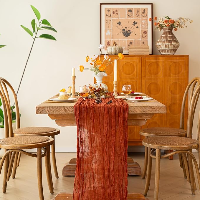 FEXIA Terracotta Cheesecloth Table Runner 35x120 Inches Orange Red Rust Boho Gauze Christmas Table Runners Burnt for Wedding Decor Reception Bridal Shower Centerpiece