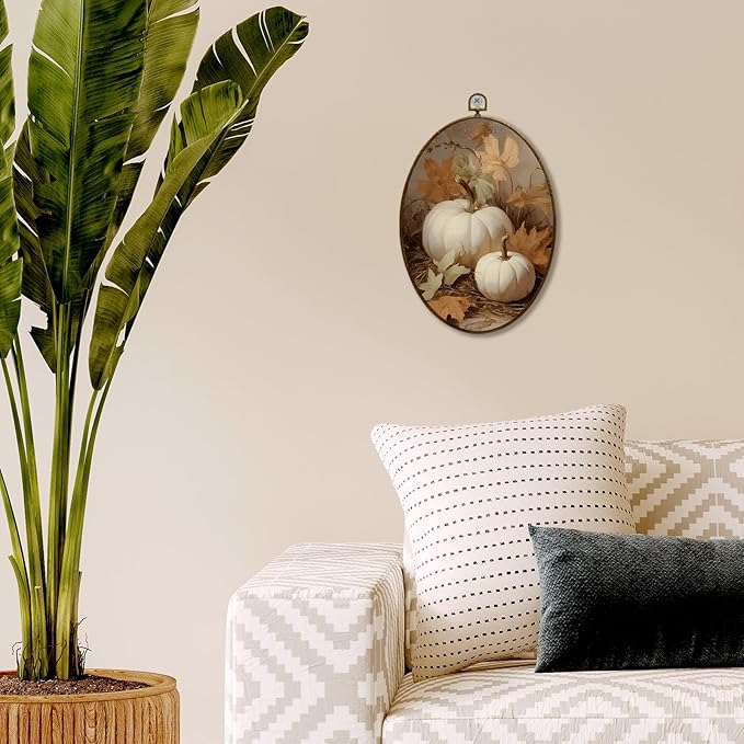 JQF Vintage Fall Pumpkin Oval Wall Art, Farmhouse Autumn Pumpkin Maple Leaf Oval Canvas Wall Art, Retro Rustic Fall Framed Prints Hanging Decor for Home Bedroom Living Room, 8.5x11.5 Inch