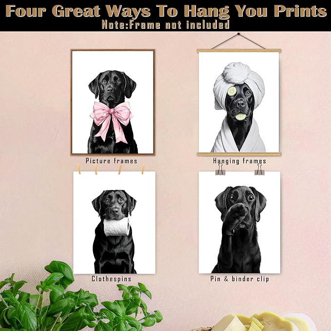 FITIE Funny Black Labrador Retriever Bathroom Wall Art Posters Set of 4, Dog Bathroom Decor, Coquette Bow Humor Black Lab Dog Canvas Prints Artwork Wall Decor for Bath Wash Room, 8x10 Unframed