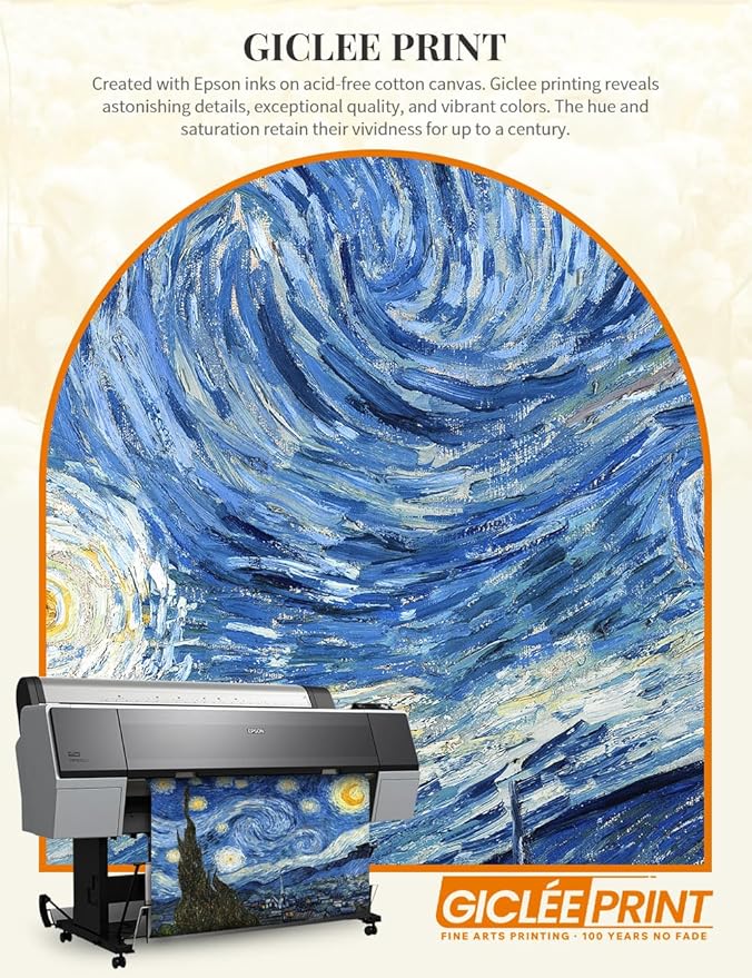 DECORARTS - Starry Night by Vincent Van Gogh Art Reproduction. Oversize Solid Wooden Frame Matching with Giclee Prints Canvas Wall Art. Total framed size: 43x35