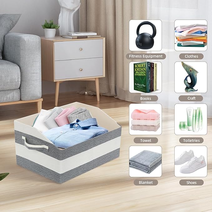 Linen Closet Organizers and Storage, Trapezoid Fabric Bins, Home Office Organization Baskets Striped Collapsible Box with Handles for Clothes, Blanket, Books, DVD, 4 Pack, Black/White