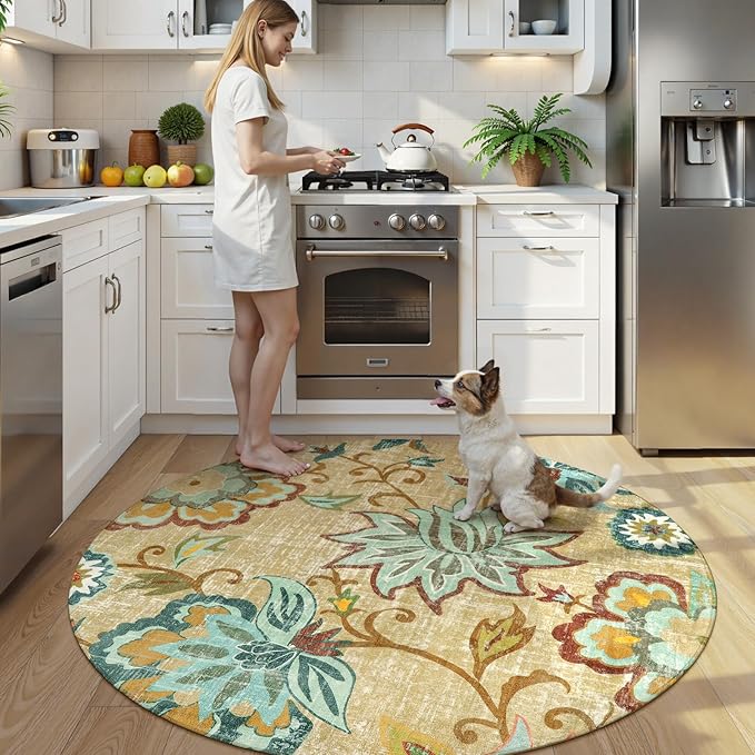 Lahome Floral Round Area Rugs 5Ft - Washable Soft Large Round Rugs for Living Room Non-Slip Throw Lightweight Round Kitchen Rugs, Boho Beige Paisley Print Circle Rugs for Bedroom Office Dining Room