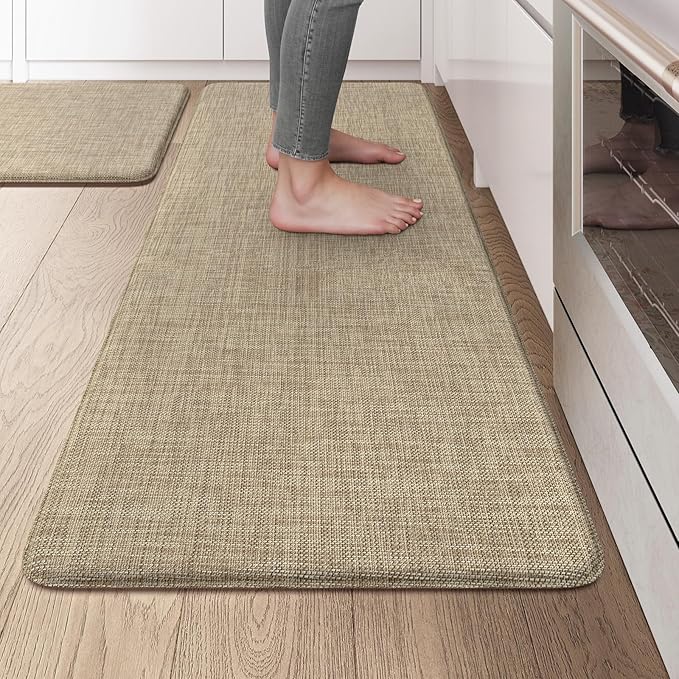 KIMODE Kitchen Mat for Floor Anti Fatigue, 20"x47"+20"x32" Farmhouse Kitchen Rugs Sets of 2, Cushioned Kitchen Floor Mat, Comfort Textilene Standing Mat for Laundry Office Sink Desk Light Brown
