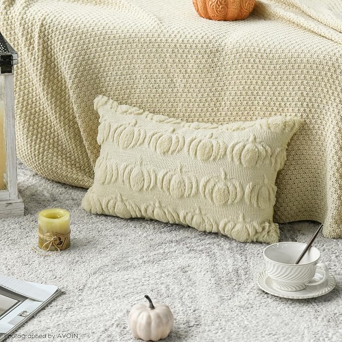 AVOIN colorlife Fall Pumpkin Beige Throw Pillow Covers, 12 x 20 Inch Seasonal Autumn Thanksgiving Harvest Decoration Soft Plush Faux Fur Jacquard Cushion Case Decoration for Sofa Couch Set of 2