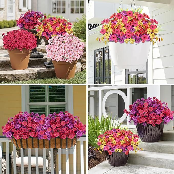 24 Bundles Artificial Flowers for Outdoors, Realistic Fake Silk Flowers for Outside Decoration, No Fade Faux Plants Outdoor Planter Window Box Porch Patio Decor(Pink)