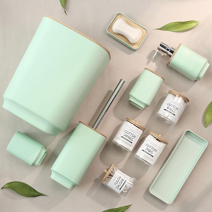 Bathroom Accessories Set,Green Bathroom Set,24 Pieces Bathroom Accessory Set with Shower Curtain,Trash Can for Bathroom Accessories Décor and Home Gifts