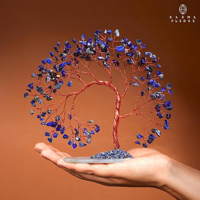 Lapis Lazuli Healing Crystal Tree of Life for Home and Office Decor, Positive Energy, Wealth, Good Luck, Reiki Healing Crystals and Stones, Handmade Feng Shui Decoration, Birthday Gifts for Women