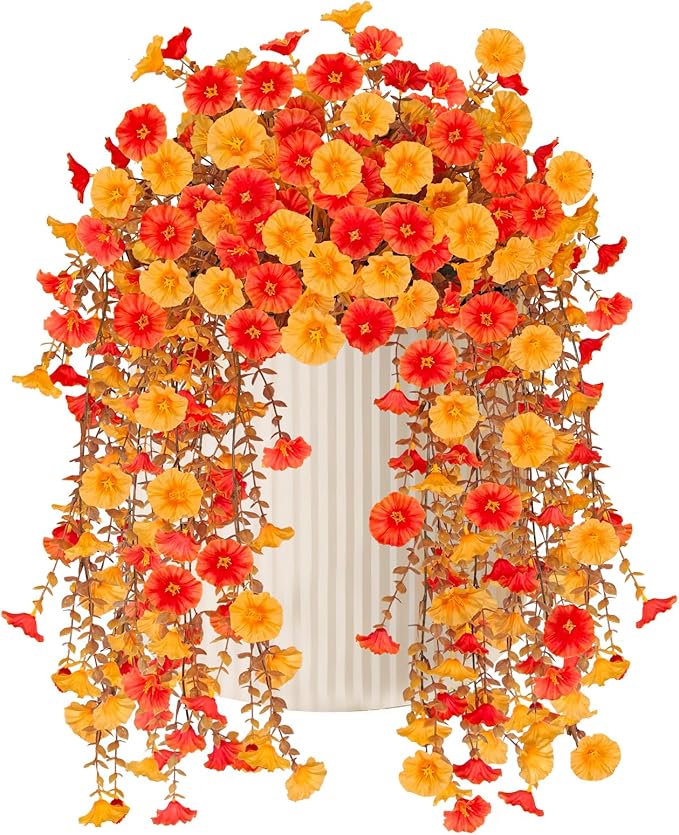 2 Pcs Artificial Hanging Flowers for Outdoor Fall Decoration, 2 Pcs UV Resistant Fake Fall Morning Glory Flowers Faux Petunias for Home Front Door Patio Decor (Orange Yellow)