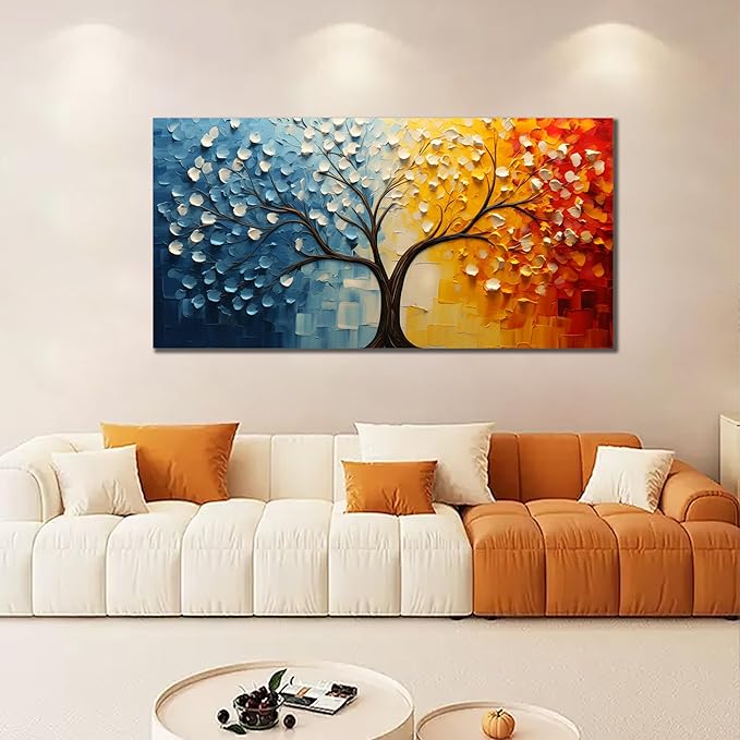 Colorful Tree of Life Wall Art for Living Room Blue and Orange Tree Picture Large Artwork Office Bedroom Canvas Prints Size 24x48